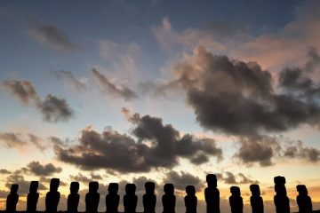 easter island moai statues at sunset